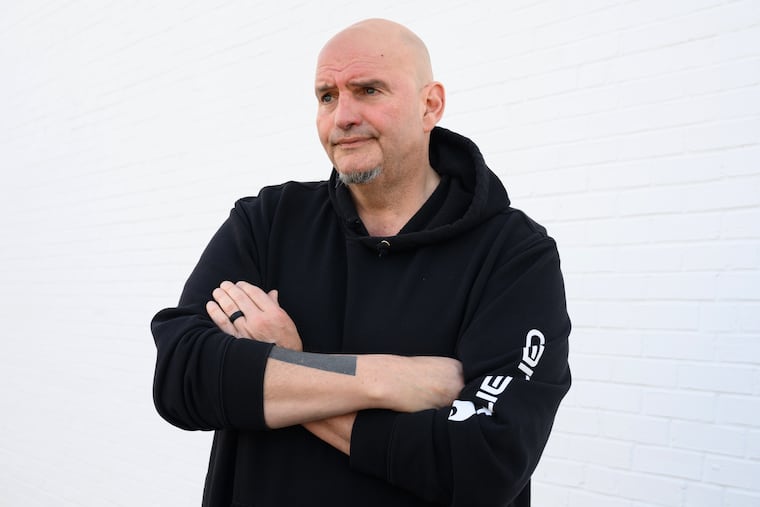 Sen. John Fetterman (D., Pa.) stands for a portrait in Murrysville on April 2.