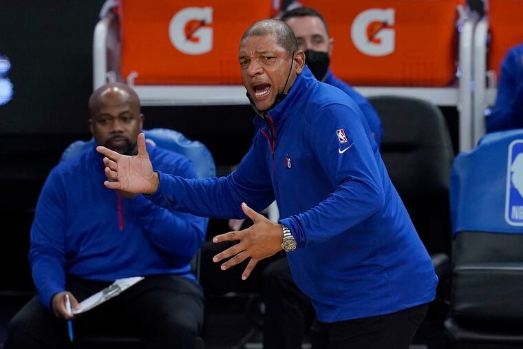 Sixers coach Doc Rivers gestures during the first half of his team’s NBA basketball game against the Golden State Warriors on Tuesday.