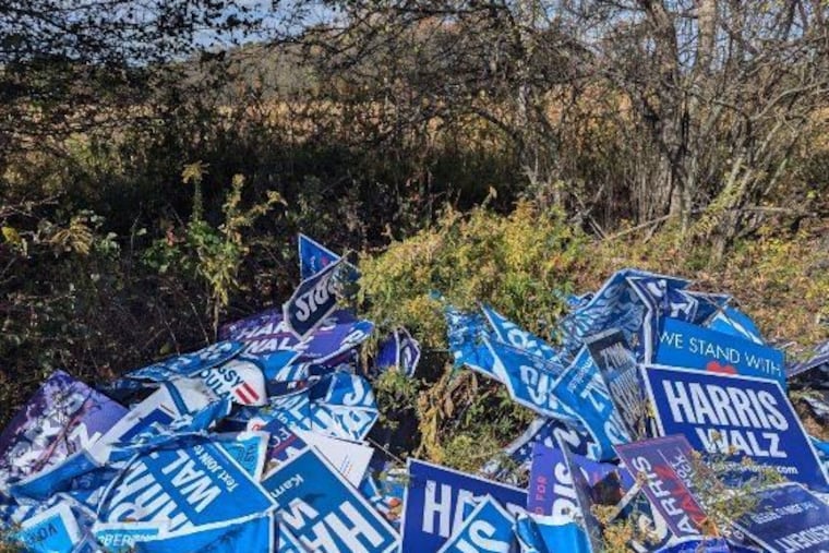 In Montgomery County, the Worcester PA Dems discovered dozens of damaged Harris-Walz lawn signs had been dumped in the woods off of Wentz Church and Morris Roads.