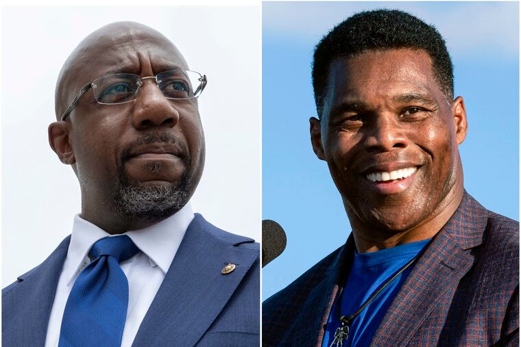 This combination of photos shows Sen. Raphael Warnock (D., Ga.) speaking on Capitol Hill in August, left, and Republican Senate candidate Herschel Walker speaking in Georgia in September.
