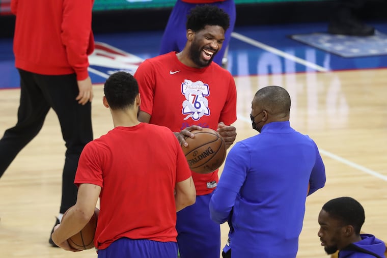 Joel Embiid and Ben Simmons, joke before the Sixers Game 2 win over the Atlanta Hawks. Game 3 is Friday night in Atlanta.