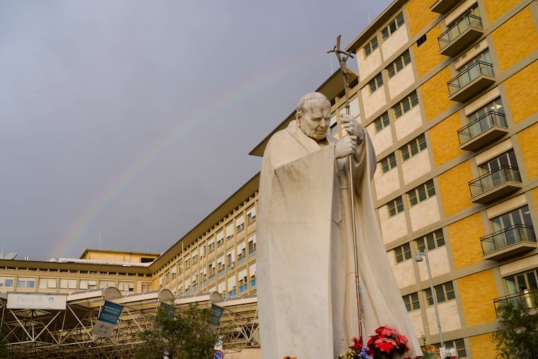 A rainbow shines over the Agostino Gemelli Polyclinic in Rome, Tuesday, Feb. 18, 2025, where Pope Francis was hospitalized Friday, Feb. 14, after a weeklong bout of bronchitis worsened and is receiving drug therapy for a respiratory tract infection.