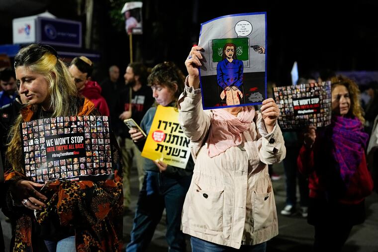Relatives and supporters of the Israeli hostages held in the Gaza Strip by Hamas attend a protest calling for their release outside Israeli Prime Minister Benjamin Netanyahu's residence in Jerusalem on Sunday.