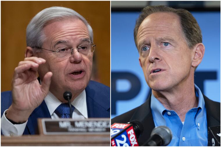 New Jersey Democratic Sen. Bob Menendez, left, and Pennsylvania Republican Sen. Pat Toomey, right.