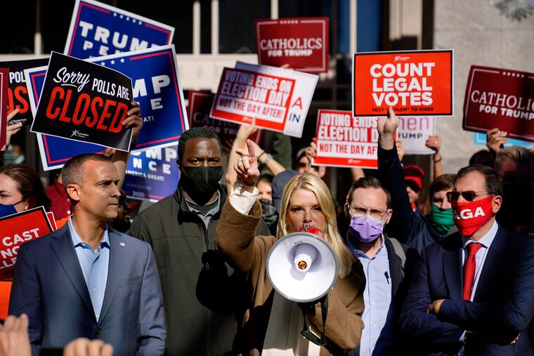 Former Florida Attorney General Pam Bondi speaks about a court order granting President Donald Trump's campaign more access to vote counting operations at the Pennsylvania Convention Center.
