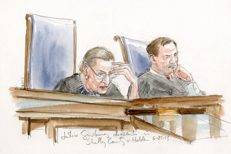 Courtroom sketch from Ruth Bader Ginsburg's dissent in Shelby County v. Holder, from "Notorious RBG" exhibit at Philly's National Museum of American Jewish History