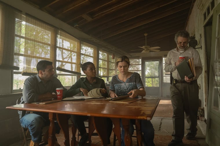 (L to R): Fabien Frankel (Anthony Grasso), Thuso Mbedu (Aleah Clinton), Alison Oliver (Lizzie Stover), and Mark Ruffalo (Tom Brandis) in 'Task.'