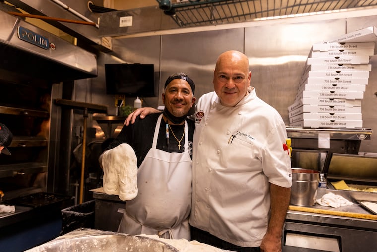 Gregorio Fierro (right), a chef and restaurant consultant, at Angelo's Pizzeria in South Philadelphia with owner Danny DiGiampietro. They met in 2013 and talk daily.