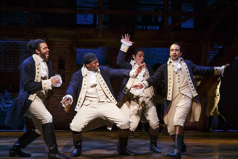 Daveed Diggs, Okieriete Onaodowan, Anthony Ramos, and Lin-Manuel Miranda in "Hamilton" at the Richard Rodgers Theatre. (Joan Marcus/Sam Rudy Media Relations)