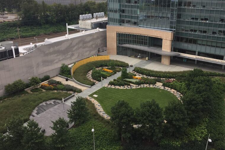 An aerial view of the ground-level garden at CHOP’s Buerger Center. The garden, and one on the sixth floor rooftop, are part of an extensive stormwater drainage system mostly hidden from visitors.