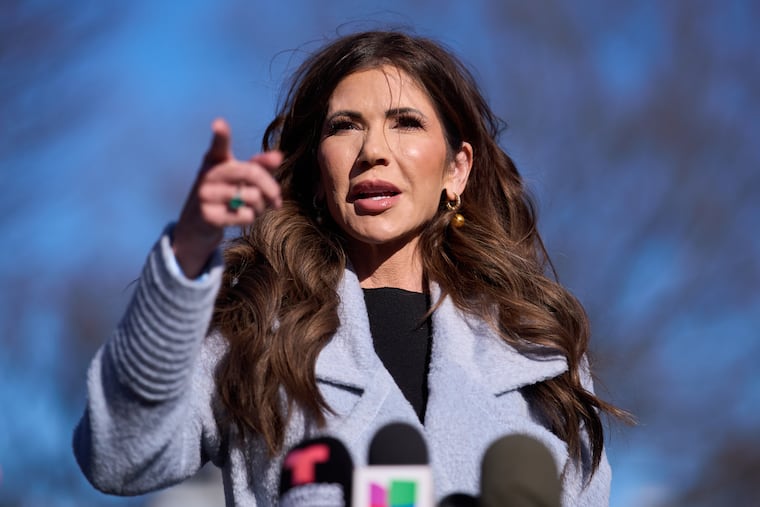 Homeland Security Secretary Kristi Noem speaks with reporters at the White House, Thursday, Jan. 15, 2026, in Washington.