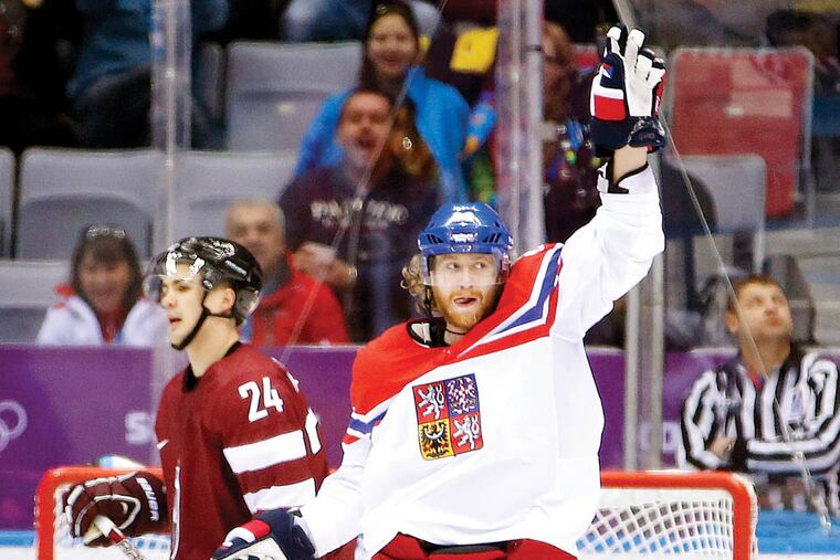 Czech Republic forward Jakub Voracek, who plays for the Flyers, reacts after a second-period goal against Latvia.
