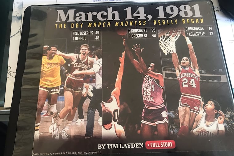 St. Joe's beating DePaul on March 14 caused an announcer to say this is madness of a day of upsets, the first-known mention of March Madness.