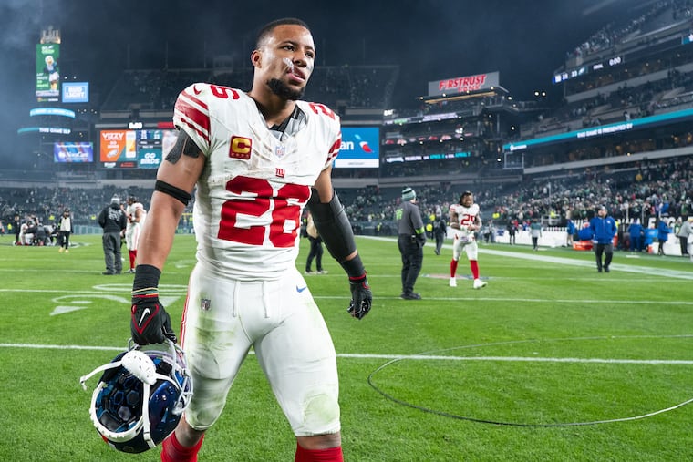 The Eagles have agreed to sign former New York Giants running back Saquon Barkley, seen here last season at Lincoln Financial Field.