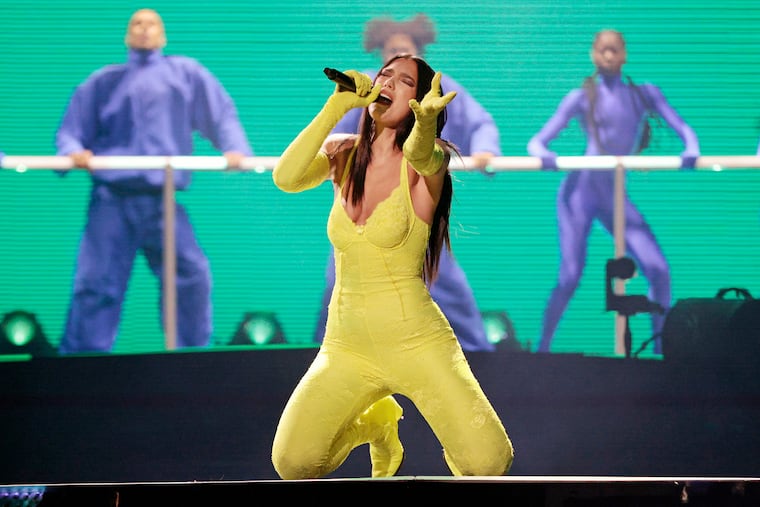 Dua Lipa performs during her “Future Nostalgia” tour stop at the Wells Fargo Center in February. She headlines the Firefly Music Festival in Dover, Delaware on Sunday.