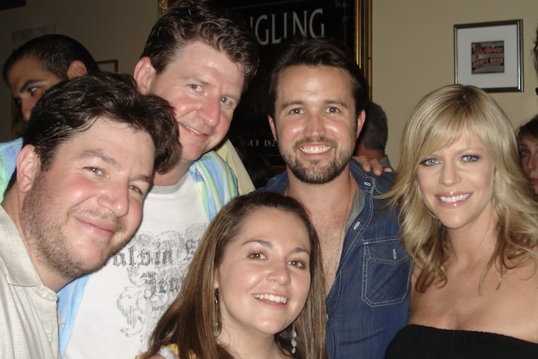 At the opening party of Mac's Tavern on June 23, 2010, WMMR-FM personalities (from left) Nick McIlwain, Preston Elliot, and Marisa Magnatta joined co-owners Rob McElhenney and Kaitlin Olson.