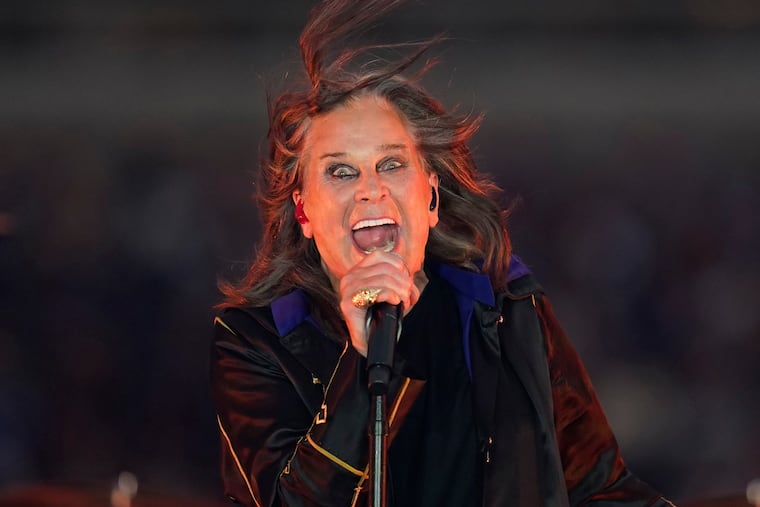Singer Ozzy Osbourne performs during halftime of an NFL football game between the Los Angeles Rams and the Buffalo Bills in Inglewood, Calif., in 2022.