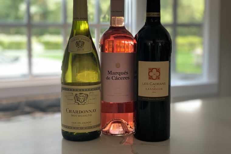 From left: The wines in our virtual tasting: White: Louis Jadot 2019 Bourgogne Chardonnay, Burgundy, France. Rosé: 2019 Marqués de Caceres Rosé DOC, Rioja, Spain. Red: Chateau Lassague 2016 Les Cadrans de Lassègue.