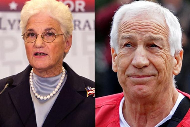 Lynne Abraham, former Philly D.A. and a candidate for mayor; former Penn State coach and convicted pedophile Jerry Sandusky. (File photos)