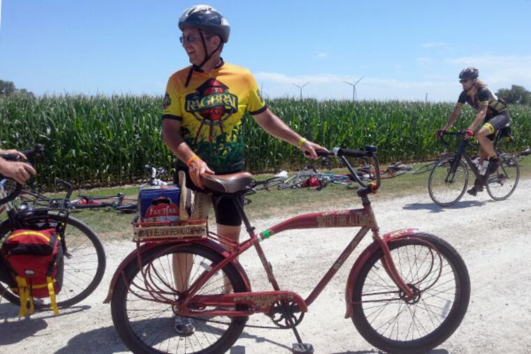 A rider with his New Belgium Fat Tire cruiser bike during the 7-day beer tour bike ride through Iowa.