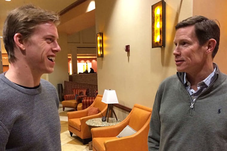 Connor and Gord Murphy catch up yesterday in Arizona, where the Flyers and Coyotes play tonight. (Zach Hill/Philadelphia Flyers)