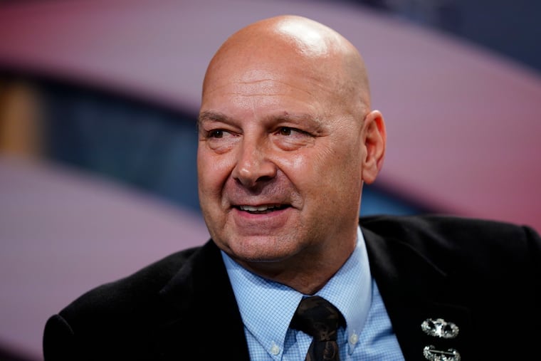 Pennsylvania State Sen. Doug Mastriano, the Republican front-runner for governor in the May 17 primary, campaigns last month in Camp Hill.