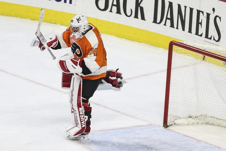 Flyers’ goalie Petr Mrazek celebrates his first win as a Flyer against the Blue Jackets at the Wells Fargo Center in Philadelphia, Thursday, February 22, 2018. Flyers beat the Blue Jackets 2-1.