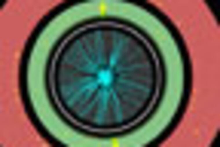 Possible Higgs Tracks: The image shows the debris of a particle collision. The Atlas detector records hundreds of such events every second. Sophisticated software narrows them down to a few candidates most likely to indicate the fleeting presence of a Higgs boson.