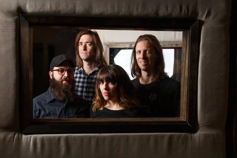 Philadelphia band Hop Along will headline a show at Johnny Brenda's during the Philly Music Festival in October. Pictured in 2018 are (From left) Tyler Long (bass), Joe Reinhart (guitar), Frances Quinlan (songwriter/vocalist/rhythm guitar), and Mark Quinlan (drums) at Headroom Studios.