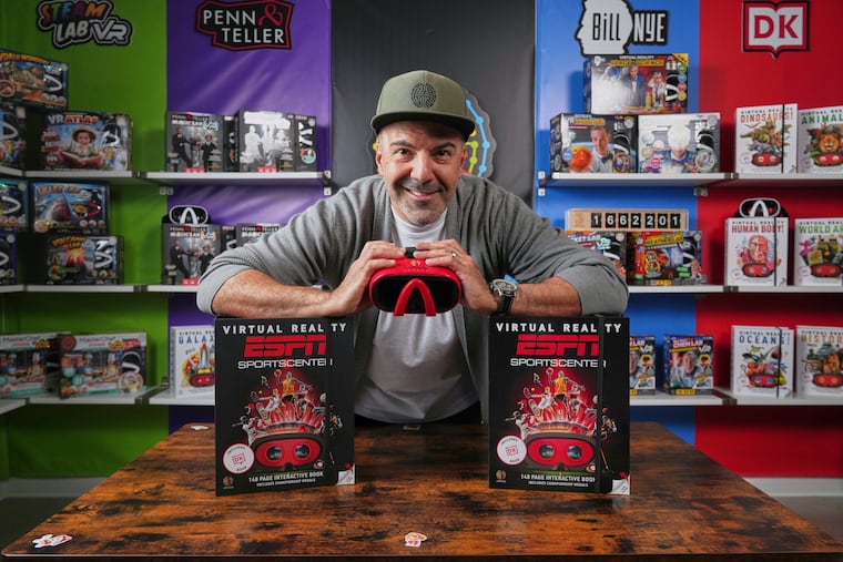Steve Rad, president of toy maker Abacus Brands Inc., which designs science kits and other educational toys, shows a new matte box (left) that will replace its plastic package inserts with cardboard to help offset the costs of future tariffs, in El Segundo, Calif., on Monday, March 31, 2025.