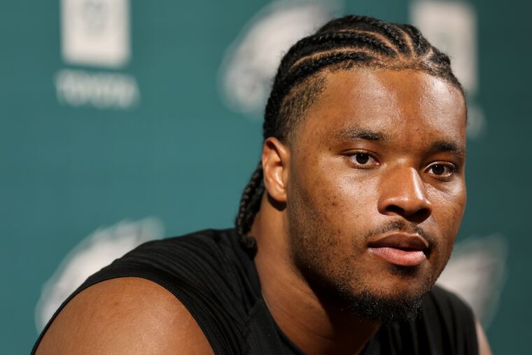 Eagles guard Tyler Steen speaks with reporters after organized team activities at the NovaCare Complex.