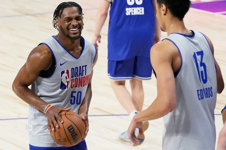 Bronny James smiles as he participated in last weeks 2024 NBA Draft Combine in Chicago. His father, LeBron James, could become a free agent this summer.