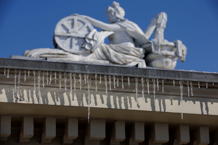 Icicles on a roof line at Fairmount Waterworks back in January. It was icicle cold in much of the region early Friday.
