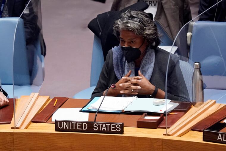 Linda Thomas-Greenfield, U.S. Ambassador to the United Nations, addresses the United Nations Security Council on Monday.