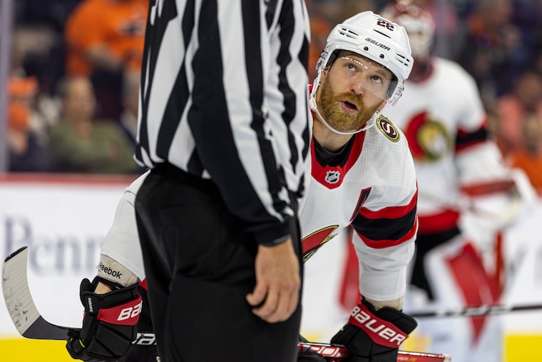 Ottawa Senators and Former Flyers player, Claude Giroux (28), his first game back in Philadelphia during the third period at the Wells Fargo Center in Philadelphia, Pa., on Saturday Nov. 12, 2022.