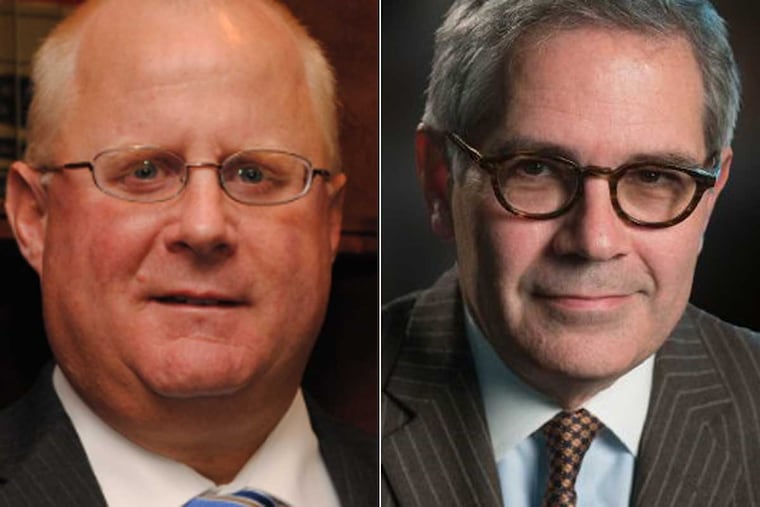 John T. Adams, president of the Pennsylvania District Attorneys Association and current Berks County DA (left) and Larry Krasner, Philadelphia DA. Both testified in Harrisburg on 4/29/2019 on the topic legalizing marijuana for recreational use. Adams said "recreational marijuana is not safe or harmless." Krasner differed, attacking the association.
