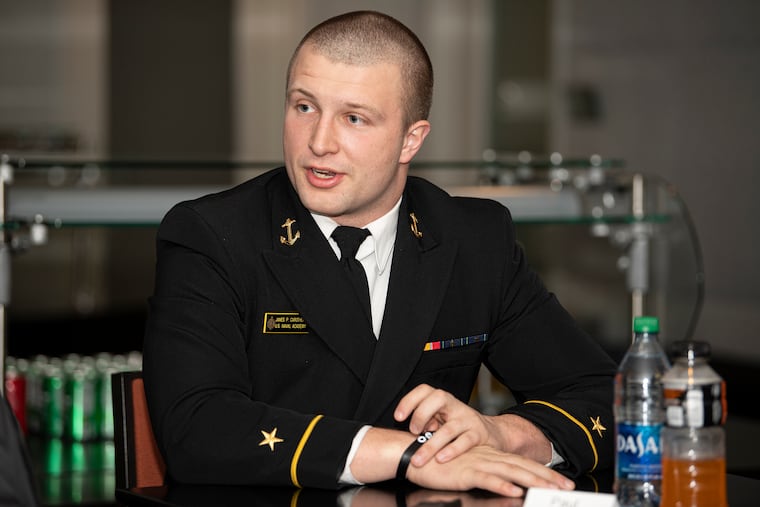 Paul Carothers, Navy player, speaks during an interview at Lincoln Financial Field.