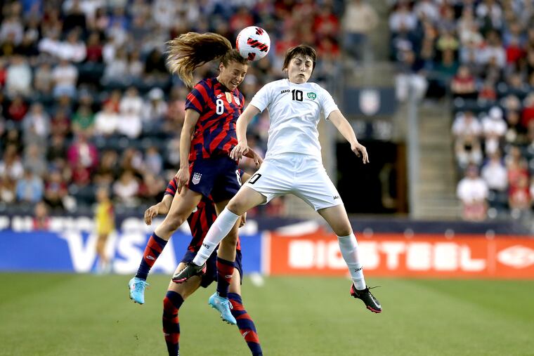 Sofia Huerta (left) played for the U.S. women's soccer team against Uzbekistan at Subaru Park in April.