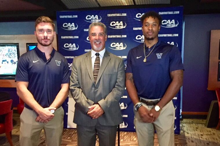 Villanova quarterback Zack Bednarczyk, head coach Mark Ferrante and safety Rob Rolle at CAA Media Day.