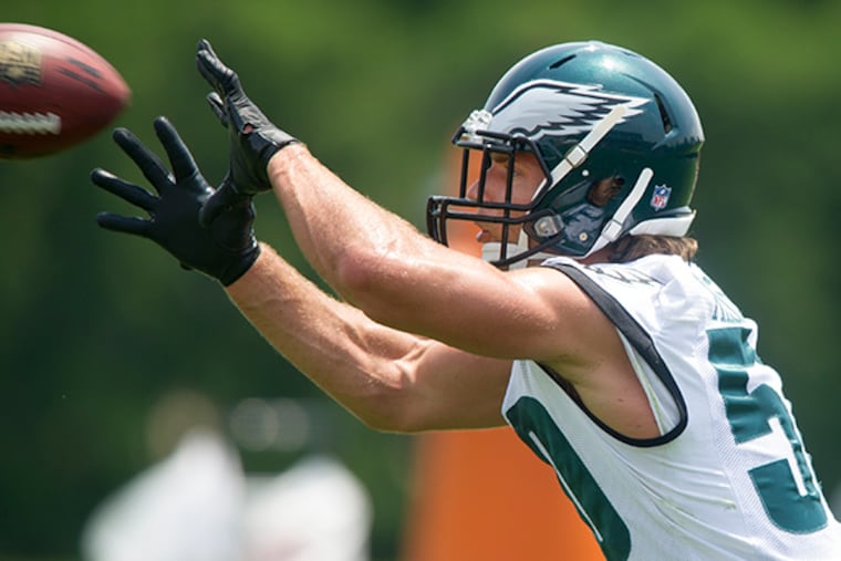New Eagles inside linebacker Kiko Alonso catches a pass during Eagles Organized Team Activity (OTA) May 28, 2015. (Clem Murray/Staff Photographer)
