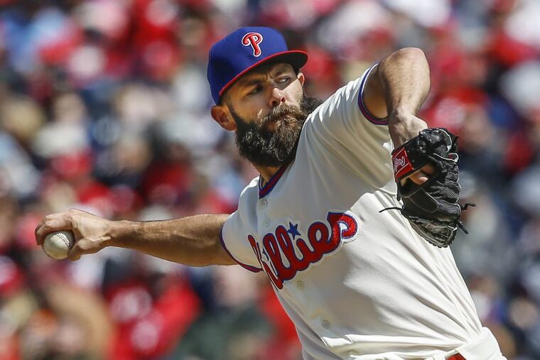 Phillies starter Jake Arrieta pitches against the Marlins.