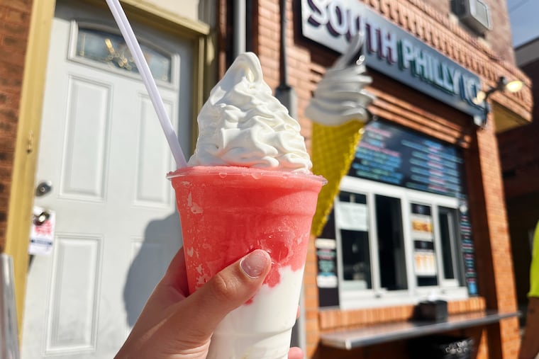 A gelati with strawberry lemonade water ice and vanilla custard from South Philly Ice, 1309 S. Ninth St.