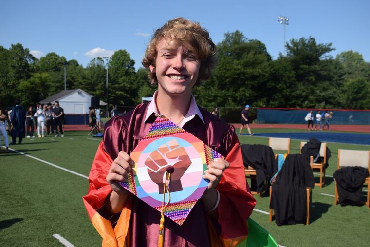Eastern High School valedictorian Bryce Dershem shows his cap ahead of the school's graduation ceremony on June 17. Dershem's microphone was cut off in the middle of his speech after he began to talk about coming out as a freshman.