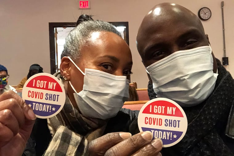 Solomon Jones with his wife LaVeta after receiving their first COVID vaccine shots on Jan. 17, 2021.
