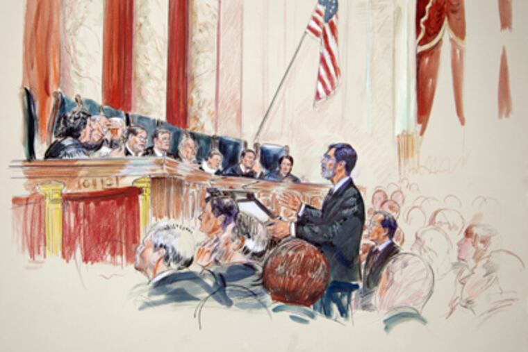 Artist's rendering of Deputy U.S. Solicitor General Edwin Kneedler speaking before the Supreme Court on Wednesday. (DANA VERKOUTERAN / Associated Press)