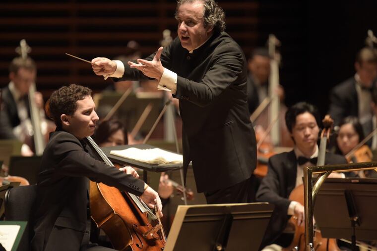 Conductor Juanjo Mena with cellist Oliver Herbert and the Curtis Institute of Music orchestra Sunday afternoon in Verizon Hall.