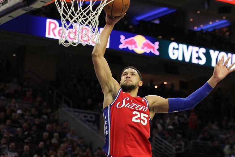 Ben Simmons of the Sixers dunks against the Cavaliers at Wells Fargo Center during the 2nd half on March 12, 2019.