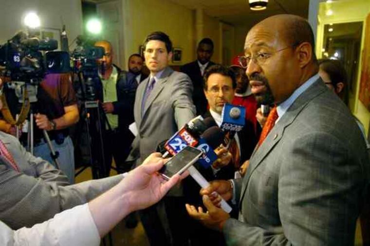 Mayor Nutter speaks with reporters outside his office yesterday after asking all seven members of the Board of Revision of Taxes to resign. He said he would try to cut off their pay.