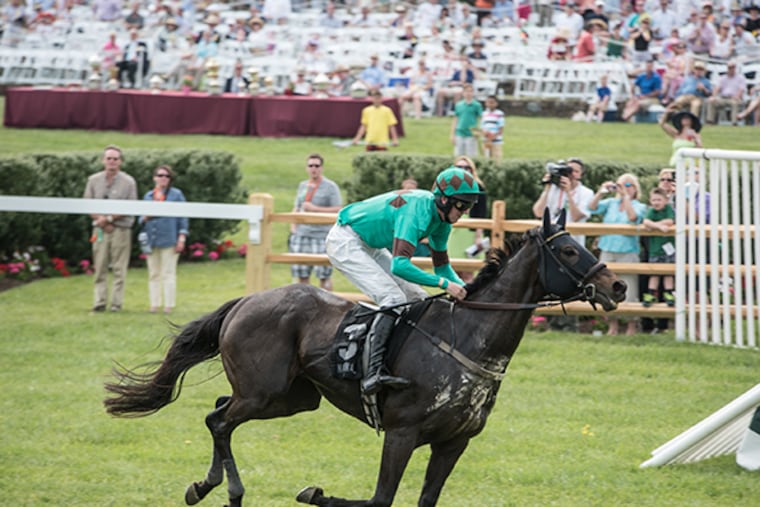 Bob Le Beau, ridden by Jack Doyle, came from behind late to win the
National Hunt Cup at the 85th Radnor Hunt Races. Saturday, May 16,
2015, Malvern, Pennsylvania. ( MATTHEW HALL / For The Inquirer )
