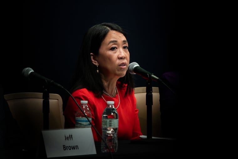 Mayoral candidate Helen Gym speaks during a Latino Mayoral forum Monday, April 10, 2023 at Esperanza Arts Center in Philadelphia, Pa.